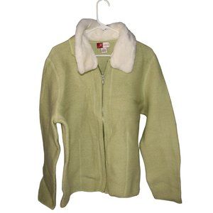 JM Collection Green 100% Wool Full Zip Sweater Jacket Removable Faux Fur Collar